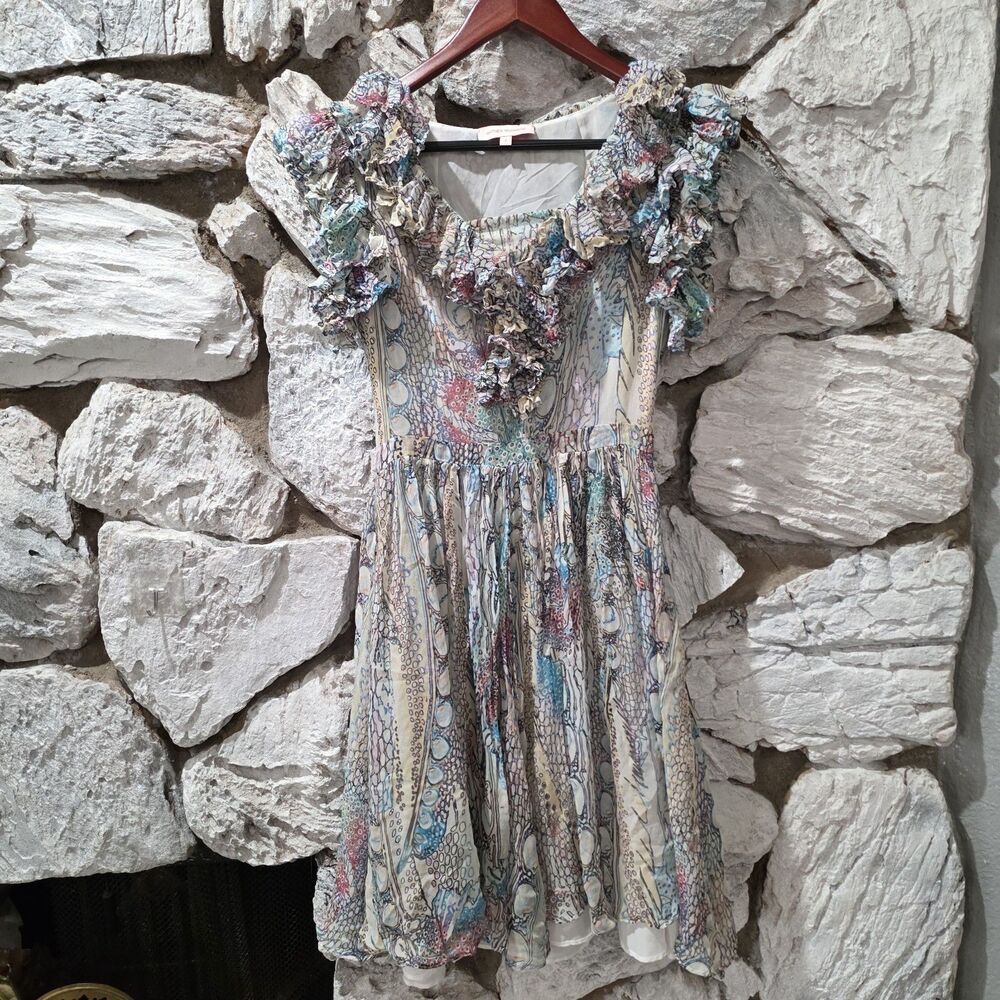 Matthew Williamson Multicolor Dress Ruffles Silk Blend Geometric Vacay Sz 2